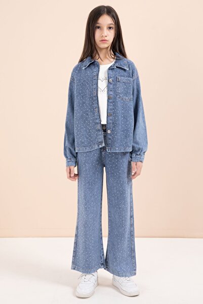 Cansın Mini Blue Stone Jean Shirt Girl's Wide Leg 3-Piece Jean Set 23441