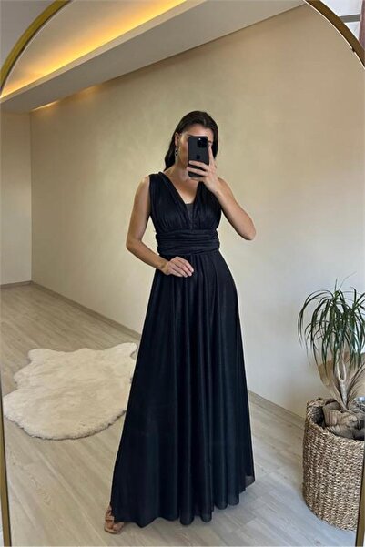 Neşeli Butik Women Draped Sparkle Thick Strap Evening Dress Nm003