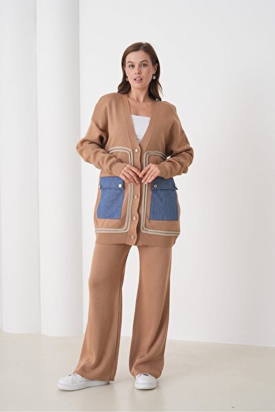 NEWCO Denim Pocket Detailed Buttoned V-Neck Cardigan and Wide Leg Pants Knitwear Set