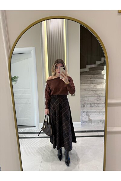 CKBUTİK Kahverengi Ekose Desenli Etek-1137