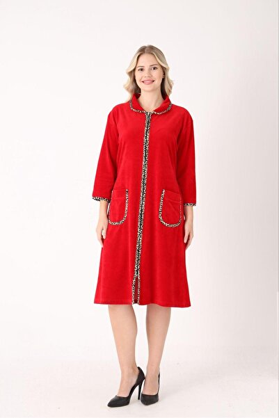 Şahteks Women's Zippered Leopard Piped Red Velvet Comfortable Fit Dressing Gown