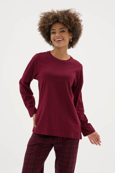 KLY Women's Crew Neck Plaid Patterned Stylish Design Pajama Set