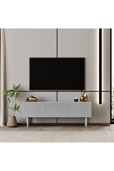 enwood Capella Tv Ünitesi sis gri MDF 120 cm ayaklı kapaklı raflı