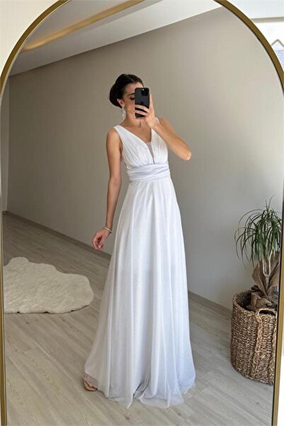 Neşeli Butik Women Draped Sparkle Thick Strap Evening Dress Nm003