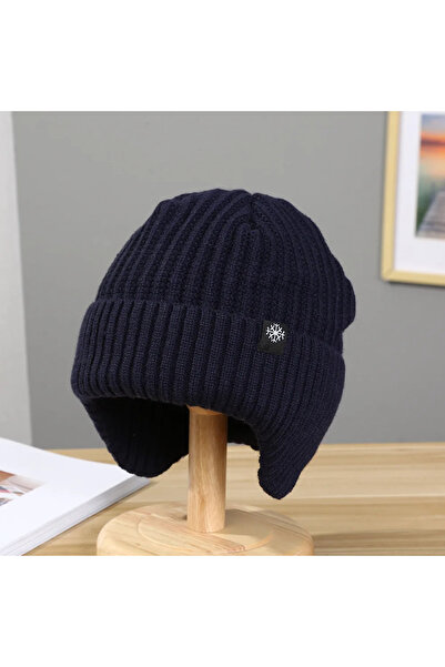 Choice Navy Blue Men Winter Knitted Hat Plush Warmth Peaked Cap Outdoor Earmuff Casual Fashion Faux Fur Lin