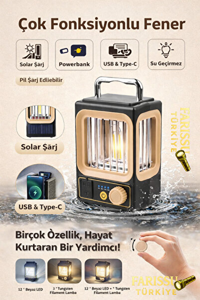 farissu Güneş Enerjili Şarjlı Kamp Lambası 250 gr | USB & Type-C | Powerbank ...