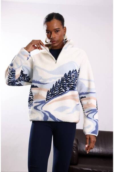 mrc Kadın Dağ Desen Cepli Fermuarlı Sweatshirt