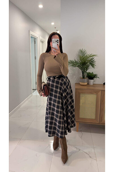 BİRCANÇİL Tunas Gri Ekoseli Kemer Detaylı Etek
