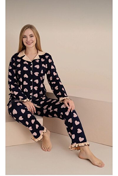 SERENCEE Kalp desenli lacivert pembe romantik kol,paça fırfır detaylı pijama ...