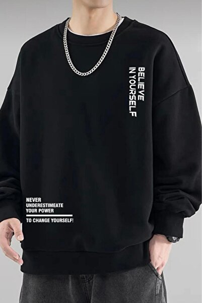 CAST COLLECTİON Ανδρικό μαύρο φούτερ Belıeve In YourSelf με στάμπα και λαιμόκ...