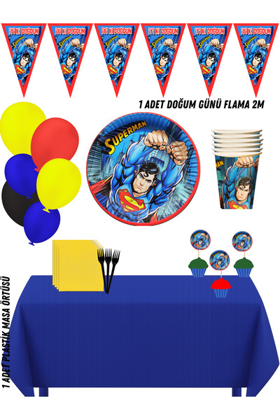 HAPPYLOOPPARTY Superman Süpermen 8 Kişilik Doğum Günü Parti Süsleri Seti