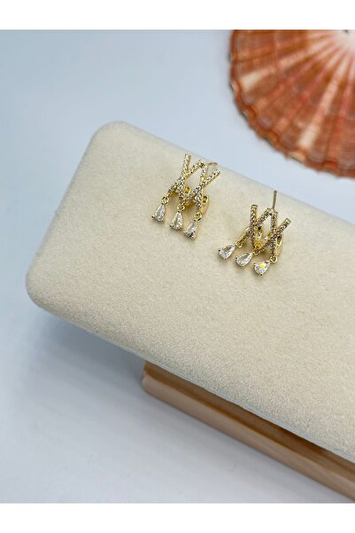 MyladyAccessoriess Full Zircon X and Drop Stone Detail Minimal Earrings (Prem...