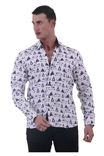 Exve Exclusive White Navy Blue Printed Camping Rv and Nature Themed Slim Fit Shirt