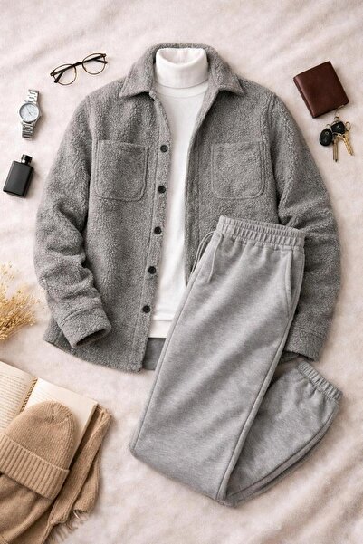 LUPERCUS Men's Set Bottom Top 3-Piece Plush Shirt High Neck Sweater Elastic Leg Sweatpants