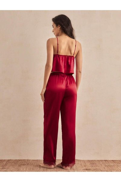 sempathy Women's 2-Piece Pajama Set with Satin Collar and French Lace Details