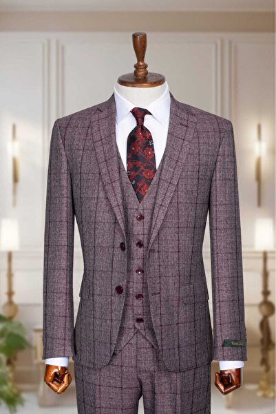 Victorleon Yelekli Slim Fit Takım Elbise Kareli