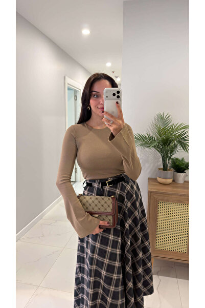 BİRCANÇİL Dlvin Zerda Mink Crew Neck Sleeve Detailed Blouse