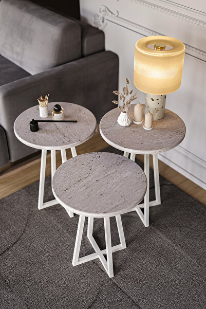 FANO Assem 3'lü Zigon Sehpa, Traverten Desen MDF - Krem Metal Ayak