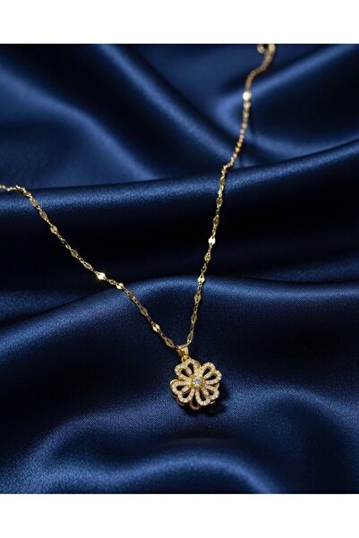 HİİS Zircon Stone Gold Rotating Clover Figured Design Non-Tarnish Steel Chain...
