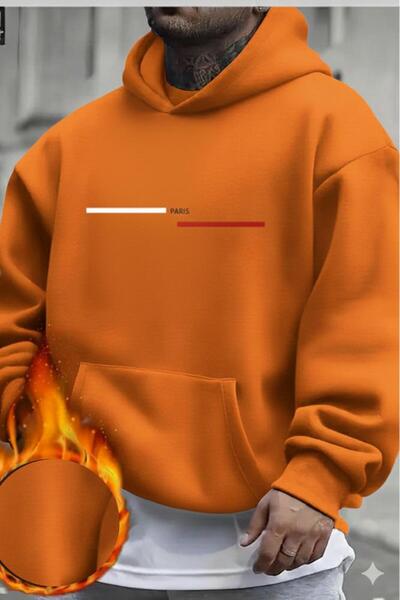 NO 601 Men's Orange Striped Paris Printed Thick Hooded Sweatshirt