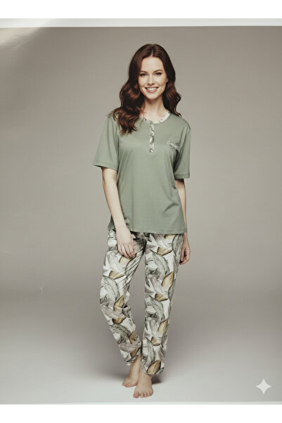 PİJAPİA Short-Sleeved Leaf Print Plus Size Pajama Set