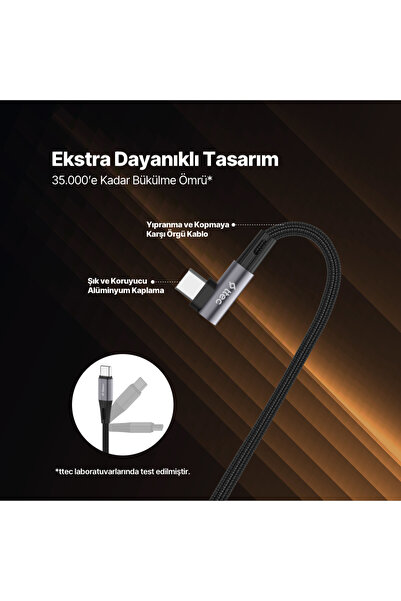 Ttec AlumiCable USB-C USB-C 60W PD/QC 90° L Tasarımlı Gamer Oyuncu 150cm Hızlı Şarj/Data Kablosu