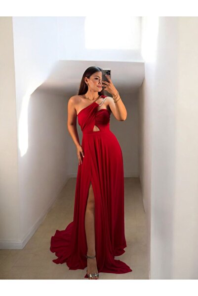 OLA Alya Gold Buckled Chiffon Slit Red Evening Dress