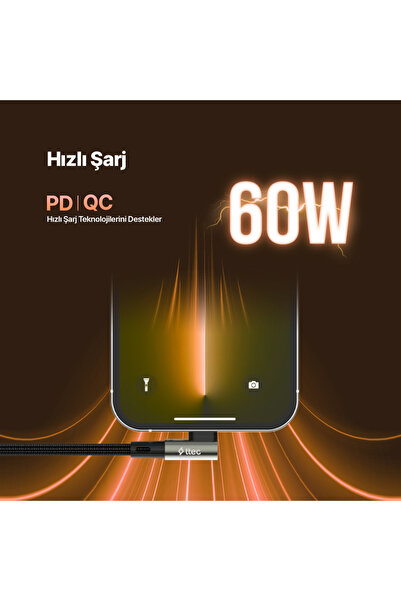 Ttec AlumiCable USB-C USB-C 60W PD/QC 90° L Tasarımlı Gamer Oyuncu 150cm Hızlı Şarj/Data Kablosu