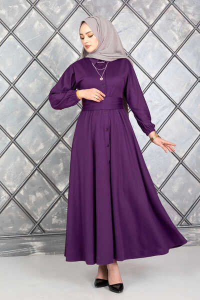 EBRUTESETTÜR Buttoned Belted Hijab Dress Purple