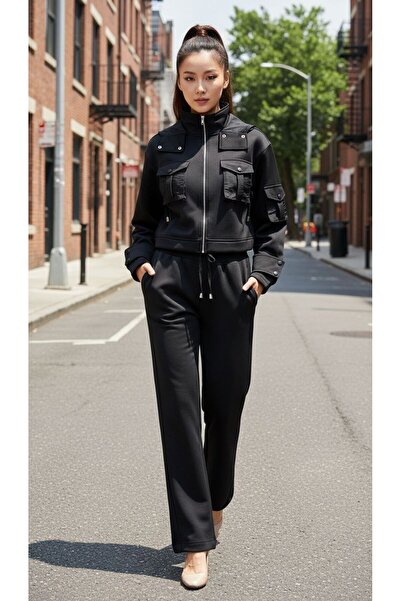 Moda Banuş طقم بدلة رياضية أنيقة باللون الأسود من قماش السكوبا مع تفاصيل جيب بسحاب بغطاء رأس