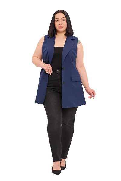 DISENTIS MODEST Vestă lungă, căptușită, albastru închis, cu buzunare cu clapetă cu nasturi