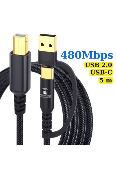 PRESTIGE CHARGE 2in1 Printer Cable, USB-A and C to USB-B, Laptop/PC/Phone, Plug and Play, 480Mbps, 5m, Black