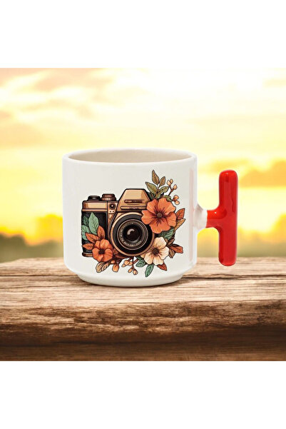 BB TRADE Red T-Handle Ceramic Printed Mug Cup with Camera Design 250 ml