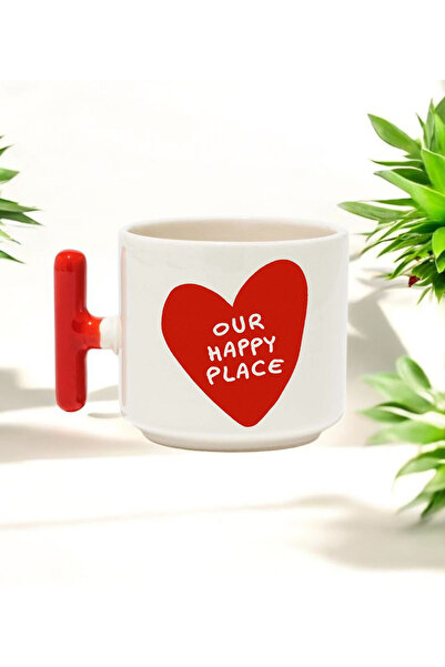 BB TRADE Our Happy Place Designed Red t Handle Ceramic Printed Mug Cup 250 ml