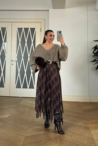 Sorridi Ekose Desenli Asimetrik Kesim Şifon Midi Etek