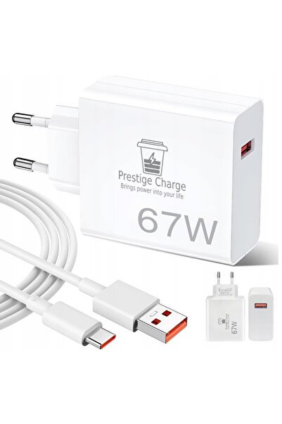 PRESTIGE CHARGE Incarcator Retea TurboCharge 67W pentru Xiaomi, RedMi, Cablu USB la USB-C 6A Inclus, 2m, Alb