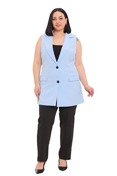 DISENTIS MODEST Vestă lungă, albastru bebeluș, cu buzunare cu clapetă cu nasturi, căptușită