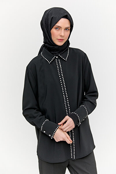 Setrms Taş Detaylı Gömlek Yaka Şifon Tunik