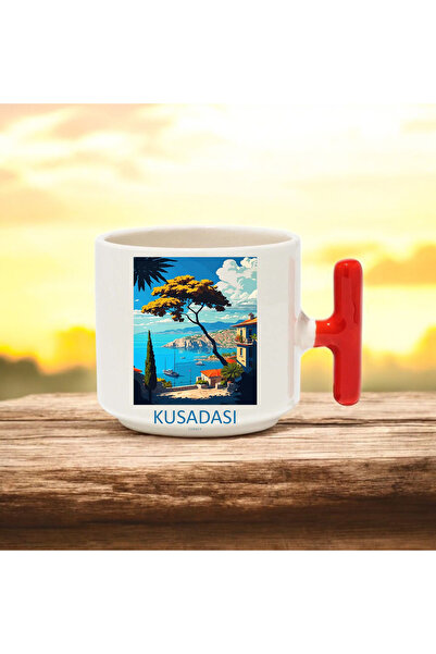 BB TRADE Kuşadası Designed Red T-Handled Ceramic Printed Mug Cup 250 ml