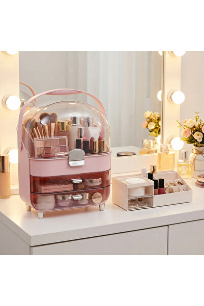 MAKRİ HOME منظم متعدد الأقسام للمكياج ومستحضرات التجميل مع أدراج شفافة باللون الوردي ومنظم ذو أدراج مزدوجة