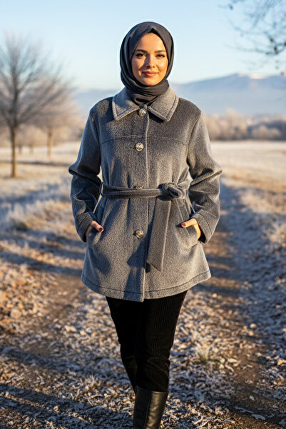 Lale Butik Button and Belt Detail Jacket 36199 Anthracite