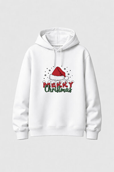 MODA 2026 New Year Santa Claus Christmas Printed White Hooded Sweatshirt