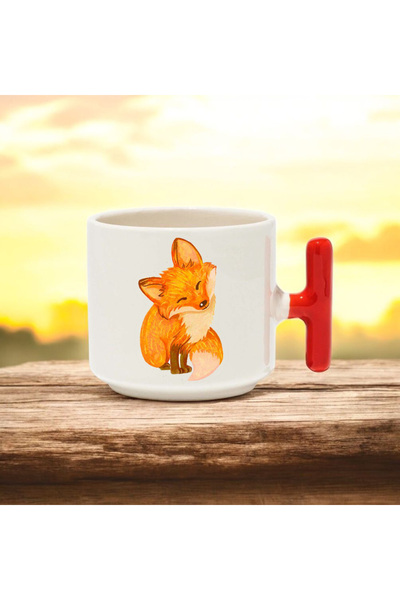 BB TRADE Tilki Designed Red T-Handled Ceramic Printed Mug Cup 250 ml