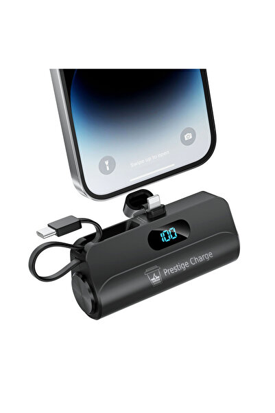 PRESTIGE CHARGE Baterie Externa nano, 5000 mAh, Lanterna, Cablu USB-C, Lightning, 12.5W, Telefon, Casti, Negru