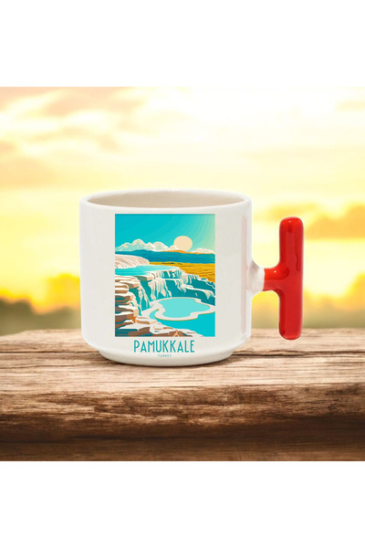 BB TRADE Pamukkale Designed Red T-Handle Ceramic Printed Mug Cup 250 ml