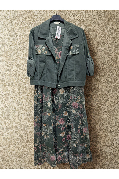 Tuana Otantik Çiçek Desen Kadife İkili Elbise Ceket Takım