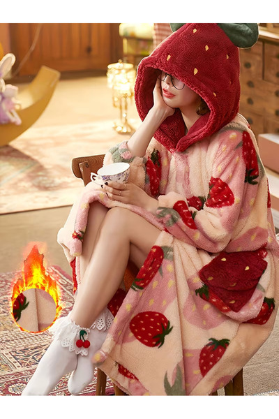 FESECRAFT Çilek Desenli Battaniye Sabahlık Peluş Kapüşonlu Giyilebilir Battaniye Televizyon Battaniyesi