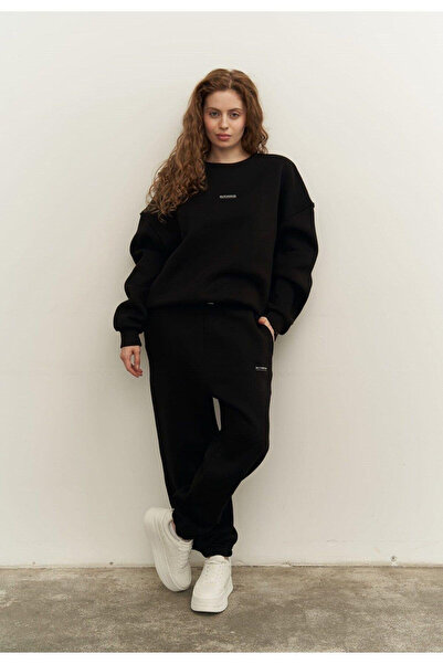 My Blog Black Embossed Text Printed Crew Neck Tracksuit Set