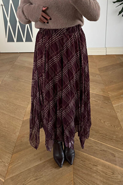 Sorridi Ekose Desenli Asimetrik Kesim Şifon Midi Etek