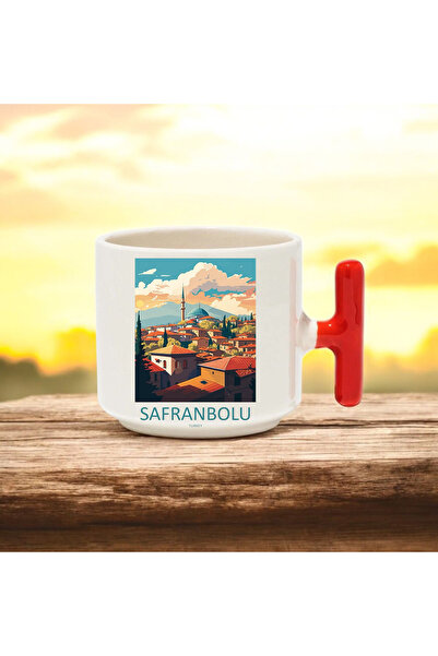 BB TRADE كوب سيراميك بتصميم سافرانبولو بمقبض أحمر مطبوع سعة 250 مل